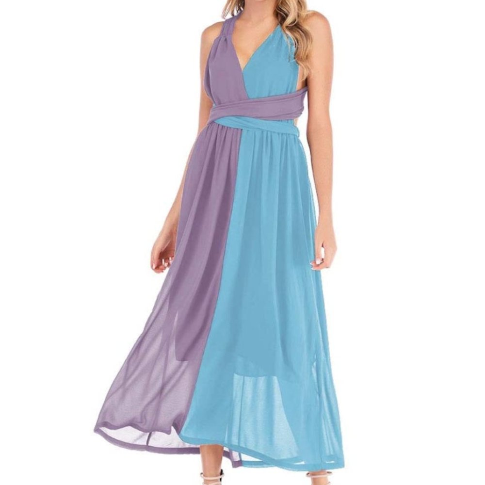 NWT Lilac/Sky Wrap Open Back  Chiffon Maxi Dress. - Picture 2 of 4